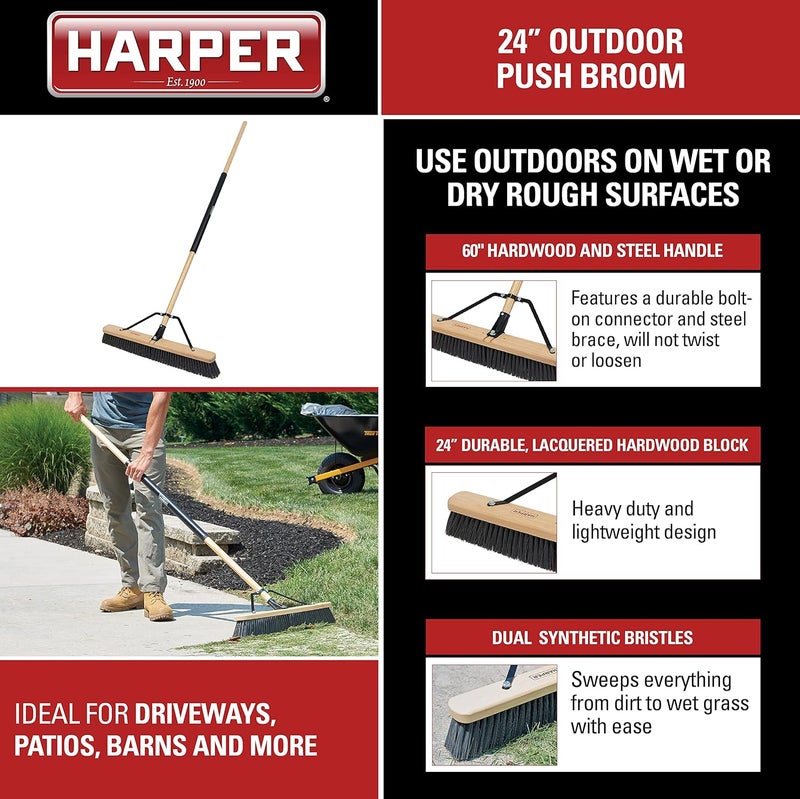 Harper 20224500 24 in. Outdoor Wet/Dry All-Purpose Push Broom with Dual-Bristles for Rough Surfaces, Wet or Dry, Dirt, Wet Grass, Mulch, Hay - Image 2